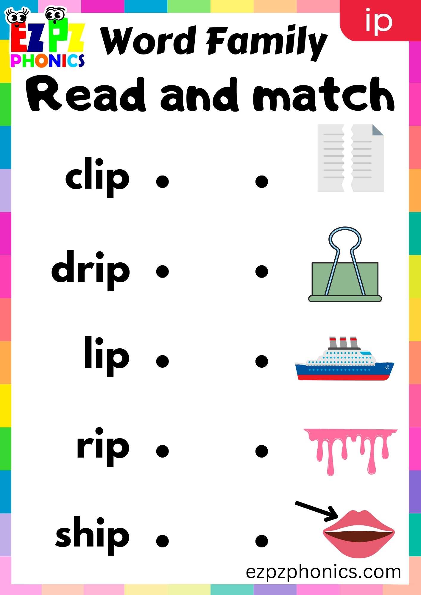 IP Words Read And Match Phonics Word Families Worksheet